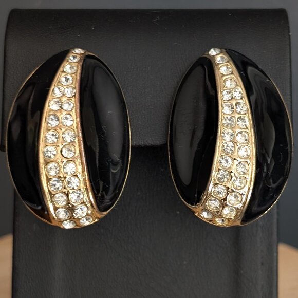 Jewelry - Vintage black enamel clip on earrings with gold and cz accents